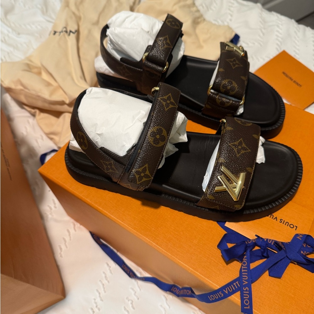 Louis Vuitton Black and Brown Monogram Sandals - Picture 2 of 8